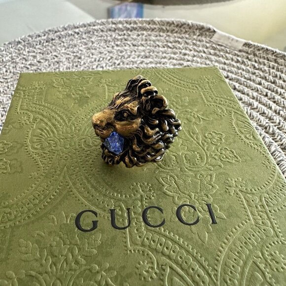 NEW GUCCI LION RING PURPLE STONE Golden Size 16 IT 7.5 US - Picture 2 of 10